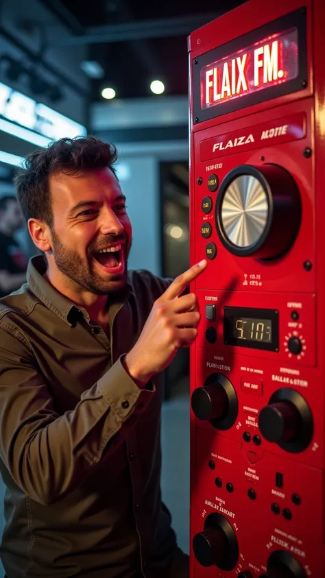 4. "A breathtaking cinematic shot: a man in awe pressing a huge red pause button attached to a giant Walkman. The Walkman, vividly red with glowing white text that reads FLAIX FM, is highly detailed, showing realistic knobs, buttons, and textures. The ligh...