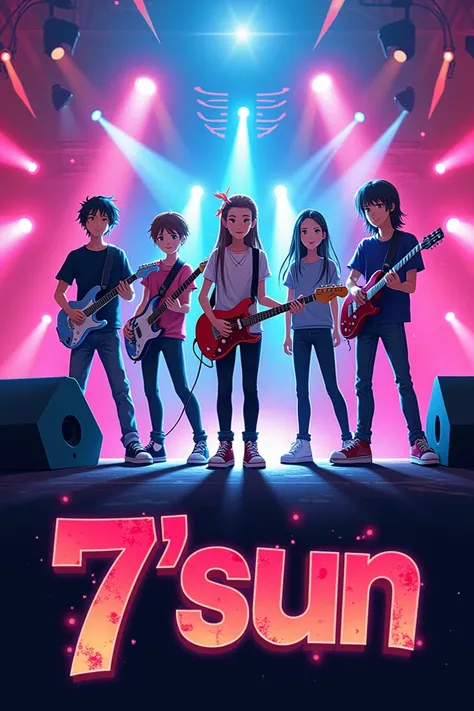 Créer un affiche pour un groupe de rock. 
Le nom du groupe est 7’sun. 
Le groupe est composé de cinq garçons et deux filles. Ils ont 11 ans. 
Deux garçons jouent de la guitare. 
Un garçon joue de la basse. 
Un garçon joue de la batterie 
Deux filles chante...