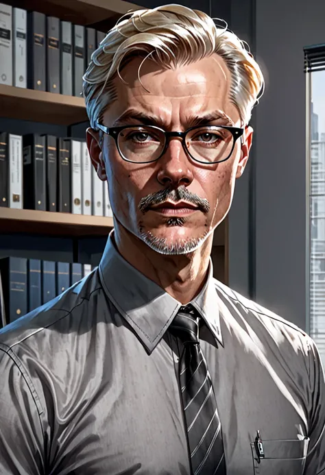 in the style of Charlie Bowater, man (mid-forties), short blond hair, thin lips, serious face, small glasses, Interpol investigator, in his office, shirt with rolled-up sleeves (gray/black), gray trousers, birthmark on chin, 