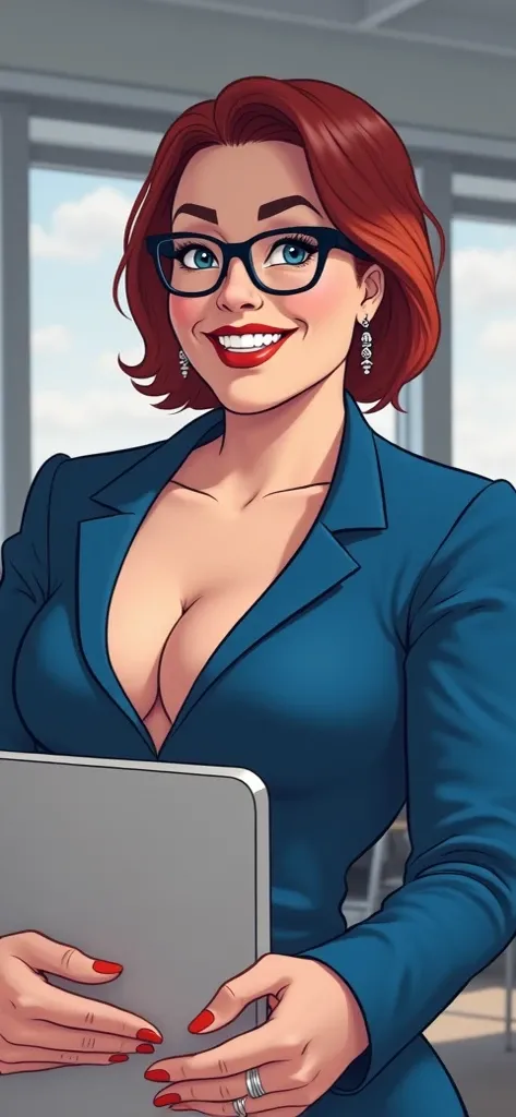 An adult fat woman with short red hair is standing in the office. She is wearing a blue dress. smiles. 

 Image style - Marvel Comics 