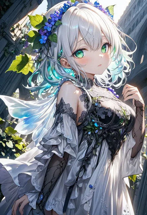 from below,  an elf with a cool beauty ,  look down,  with iridescent pure white shiny silky short disheveled hair , Butchoukami , Romantic and obscene expression , Green,  charming eyes, An unrivaled figure,  wearing a loose fluffy fairy dress, Embroidere...