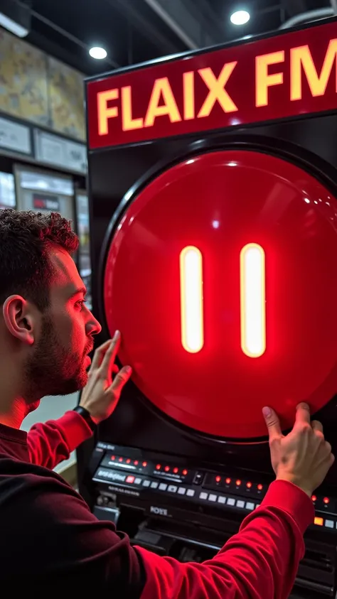 4. "A breathtaking cinematic shot: a man in awe pressing a huge glossy red pause button featuring the iconic two-line pause symbol, attached to a giant Walkman. The Walkman, vividly red with glowing white text that reads FLAIX FM, is highly detailed, showi...