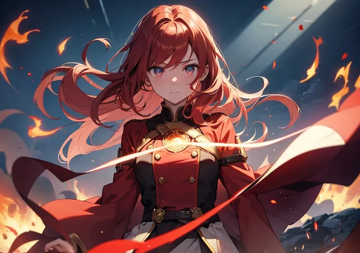 The moment when the beautiful red-haired girl casts the fire spell "Flare Storm."
In the background, a burning battlefield spreads, and as flames rise, the beautiful girl quietly casts the spell. Her red hair sways in the light of the flames, and a red mag...