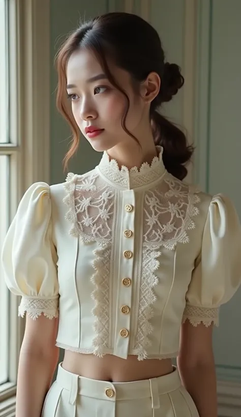 A crop top with short puff sleeves and a high collar adorned with lace detailing. The top has a row of buttons running down the front.