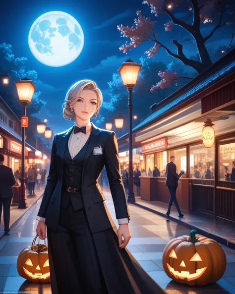 Detailed illustration in sai anime style, sai manga style, japanese style, black cat, walking along a town street decorated with pumpkins, halloween atmosphere, night sky with a blood red full moon, dry tree branches without leaves, intricate, elegant, hig...