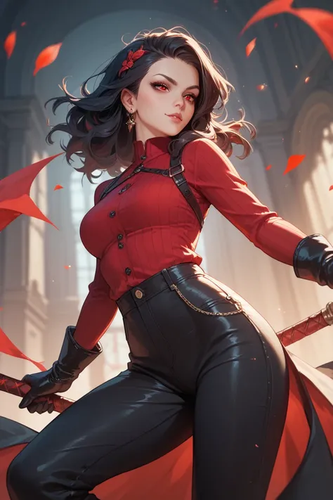 Dark haired girl evil red eyes long sleeve shirt gloves pants 