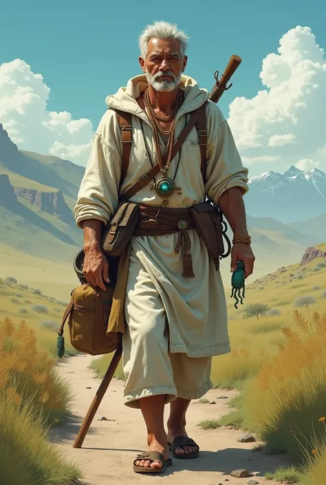 Design an older man with a stocky build. You see his whole body. The powerful mystic "Abraqui". Short silver hair with a peaceful look. native complexion, His clothing is a white linen tunic with a hood, a leather belt, an elders staff, and leather sandals...