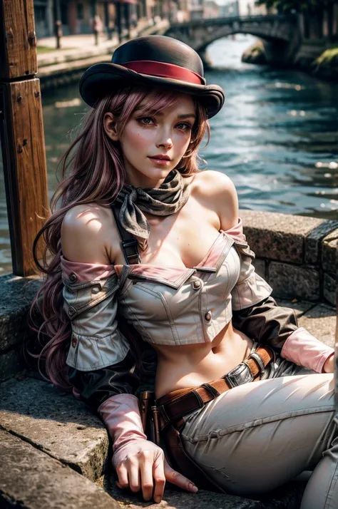 pink and brown hair, multicolored hair, neopolitanatlas, bowler hat, grey scarf, white gloves, white shirt, off-shoulder shirt, black sleeves, midriff, white belt, white pants, smile, sunny day, sitting next to canal, cowboy shot, masterpiece, heart shaped...