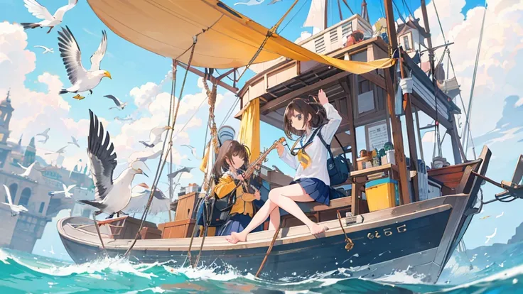  one girl, bird, watercraft, boat, Alone,  brown hair ,  skirt,  sitting,  outdoors,  long hair, null,  shirt,  jacket, blue null,  holding, white  shirt, water,  seagull , bag,  ties,  closes the eye, Check pattern  skirt, pleated  skirt,  Long Sleeve , c...