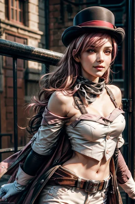 pink and brown hair, multicolored hair, neopolitanatlas, bowler hat, grey scarf, white gloves, white shirt, off-shoulder shirt, black sleeves, midriff, white belt, white pants, smile, sunny day, standing next to canal, cowboy shot, masterpiece, heart shape...