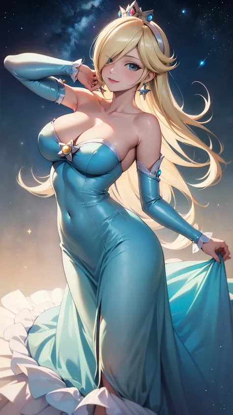 ((((masterpiece, best quality ,Ultra delicate, 16k,high resolution,solo)))),princesa rosalina, blue dress, big breasts, adult body, starry sky, semblante angelical
,smile,large breasts