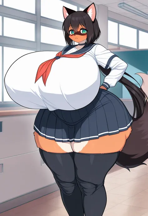 Anime style Michiru kagemori Furry women,full breasts, (gigantic breasts)(very wide gigantic hips) very long medium legs, school uniform, in the school, 