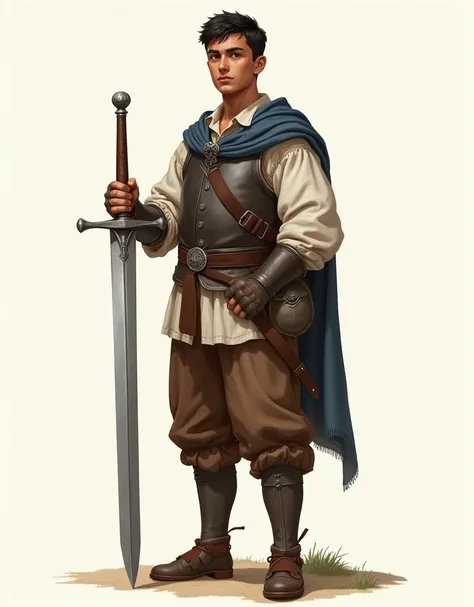 Make a full-length illustration of a young peasant man, 1.80 tall, wearing trousers and doublet. Tanned skin, very short black hair, dark blue eyes, prominent chin. Carrying a knights sword
