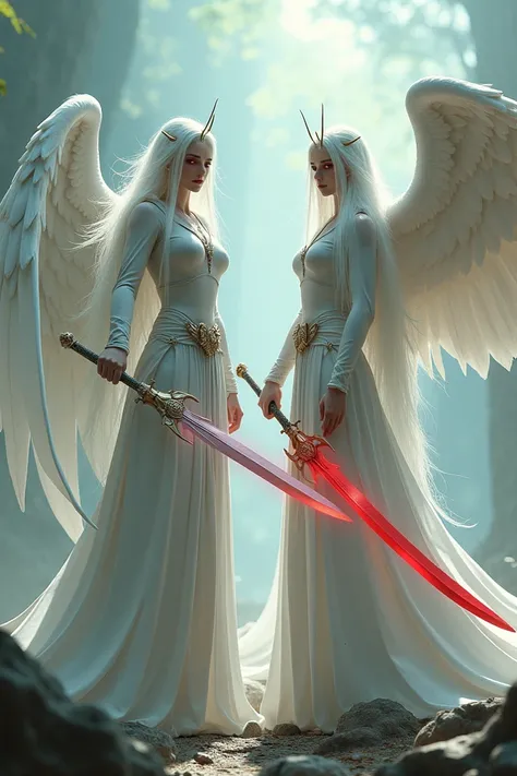 White-haired, blood-red eyed men use two swords, one red and the other white, shaped like an angels wing.