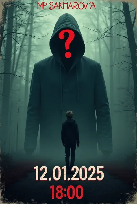 Task:  create a poster for the event 
1 )  must be written in capital letters in the center of the poster : Mr. Sakharova
2 )  in the background there must be 18 years of Slovenian appearance with a question mark instead of a head 
3)  the date of the even...