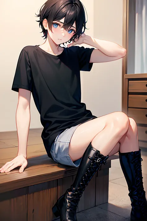 teenage boy in a black plain shirt and boots, (beautiful eyes), (soft+cute), ((best quality)), ((masterpiece))