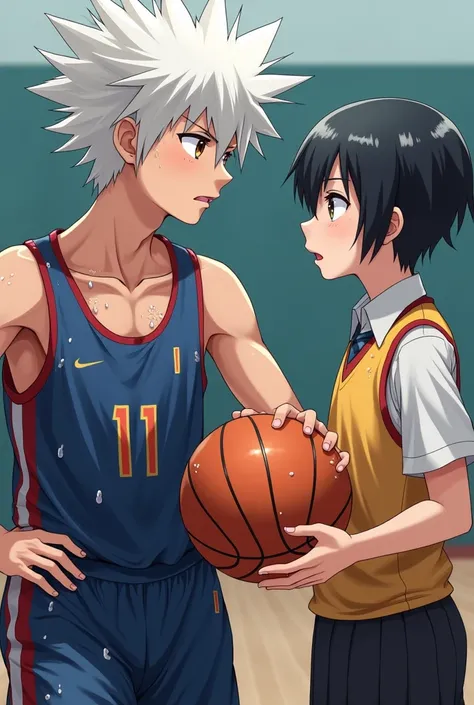 A teenager with tall white hair in a sweaty basketball uniform and another teenager with black and short hair in a school uniform 