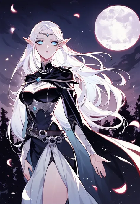 score_9, score_8_up, score_7_up, (absurdres, highres, ultra detailed), 1 woman, adult, beautiful, white girl, elf, pointy ears, long white hair, cristal blue eyes, dark makeup, finely detailed eyes and detailed face, fantasy, night, dark theme, cinematic l...