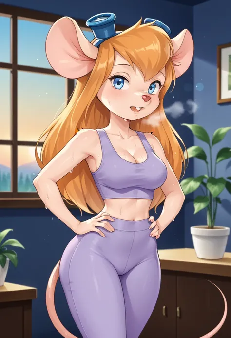 CARTOON_gadget_hackwrench_ownwaifu,
1girl, furry female, long hair, orange hair, blue eyes, bangs, sidelocks, buck teeth, animal ears, mouse ears, animal nose, mouse tail, body fur, tail, breasts, medium breasts, sweaty, tired expression, hands on hips, we...