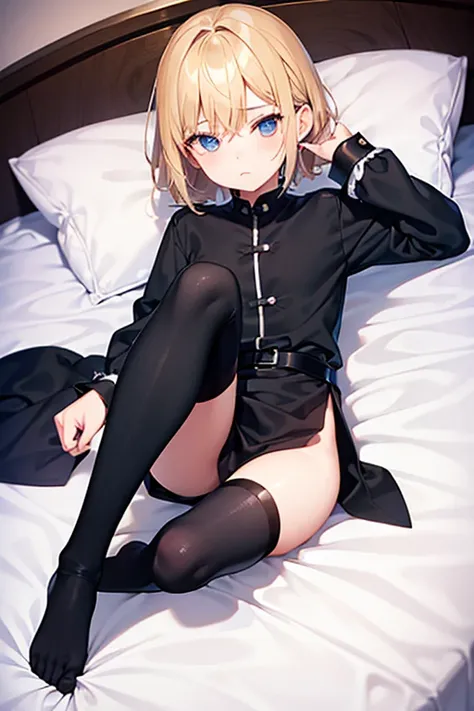 teenage boy wearing plain black tunic and spats, on the bed, (beautiful detail eyes), (soft+cute), ((best quality)), ((masterpiece))