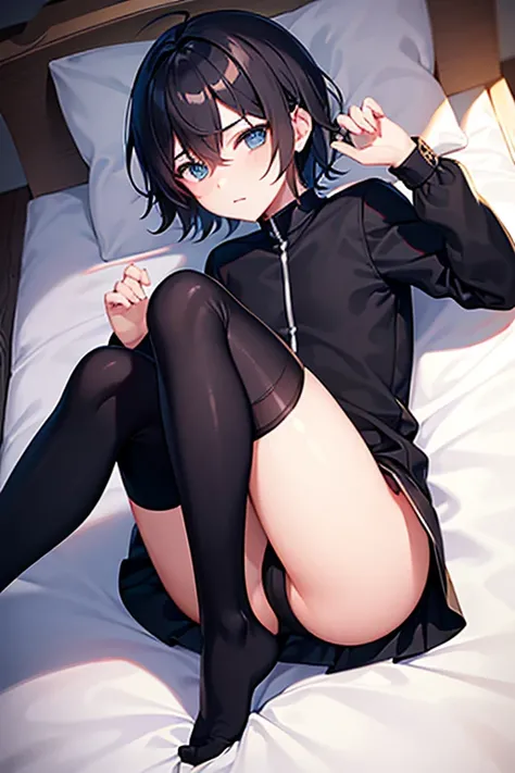 teenage boy wearing plain black tunic and spats, on the bed, (beautiful detail eyes), (soft+cute), ((best quality)), ((masterpiece))