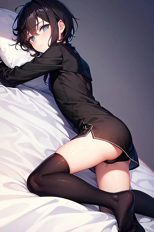 teenage boy wearing plain black tunic and spats, on the bed, (beautiful detail eyes), (soft+cute), ((best quality)), ((masterpiece))