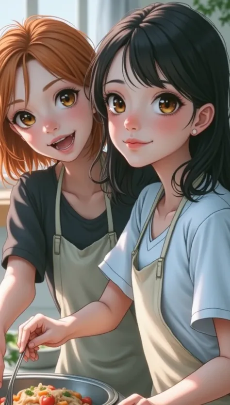 2 girl beautyful ,Realistis 8k 24 ege, master piece, cooking , orange hair, ditail eye, ditail teksture, hight kuality