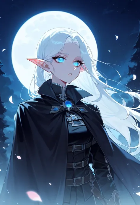 score_9, score_8_up, score_7_up, (absurdres, highres, ultra detailed), 1 woman, adult, beautiful, white girl, elf, pointy ears, long white hair, cristal blue eyes, dark makeup, finely detailed eyes and detailed face, fantasy, night, dark theme, cinematic l...