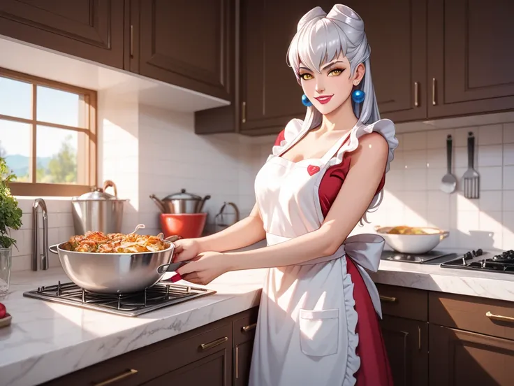 Evelynn, kitchen, apron, bajo el apron va desnuda,  mischievous smile,  looking at the viewer,  Masterpiece,  High resolution, Detail, HD model, Details altos,  HIGH QUALITY, 