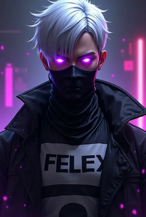 Free Fire male character with short white hair ,With purple lights coming out of the eyes  ,  with black mask and written chest  "FELEX "