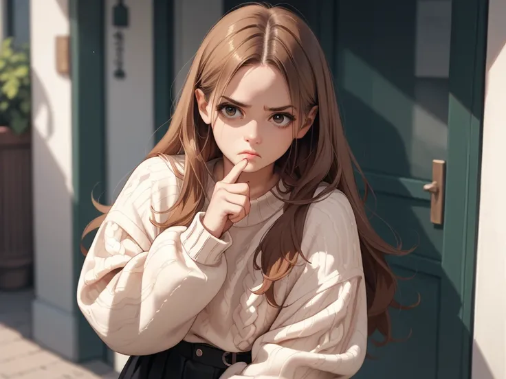   cute brown long haired anime girl, wearing a sweater and black black skirt ,impressed, finger on her lips