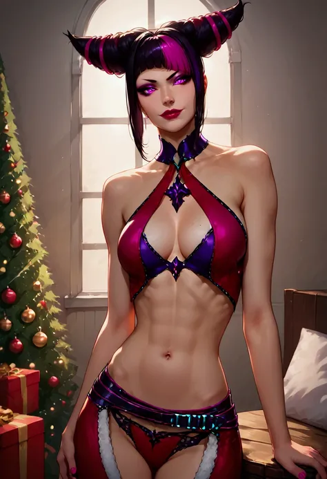 1girl, BREAK Juri Han, black hair, hair horns, multicolored hair,streaked hair, makeup, lipstick, purple eyes, (detailed eyes), (meduim breasts:0.8), beautiful detailed eyes, sexy face, wearing a Slutty Santa clauses outfit, exposed midriff, cleavage, midr...