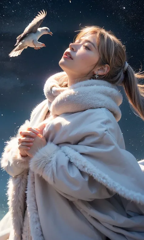 (   When she casts a spell, a legendary ice pigeon appears in the sky around her、 Magic Rim、staring at something、Diamond dust flutters、クリーム色のhair、  Heavy snowfall area    、  Snow is falling  、   blue eyes、   blue eyes、white winter clothes   、  watching the...