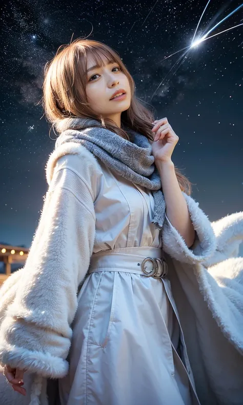 (   When she casts a spell, a legendary ice pigeon appears in the sky around her、 Magic Rim、staring at something、Diamond dust flutters、クリーム色のhair、  Heavy snowfall area    、  Snow is falling  、   blue eyes、   blue eyes、white winter clothes   、  watching the...