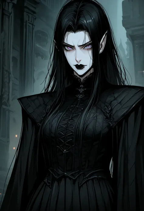 solo, female, loose long black hair, slender, slight hair curls:0.3, straight hair, pale purple eyes, pale skin, vampire, black clothes, fantasy, night, murderous intent, tight practical clothes, sheathed sword, assassin, broad shoulders, fit, elegant, dra...