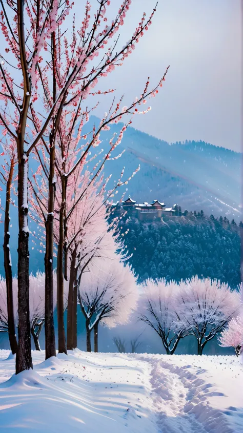 Extremely long-distance lens,  PHOTOgraphic elements, Dynamic Light, Cinematics, HDR, UHD,PHOTOGRAPH OFScene Description:
Setting: The scene takes place in a serene winter landscape where snowflakes gently fall, blanketing the ground and softly covering pl...