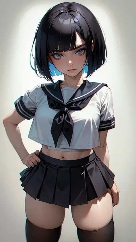 realistic,black bob cut,straight bangs,(boyish face:1.5),blue eyes,short sleeved croptop sailor blouse,low-rise micro pleated skirt,black thighhigh stocking,