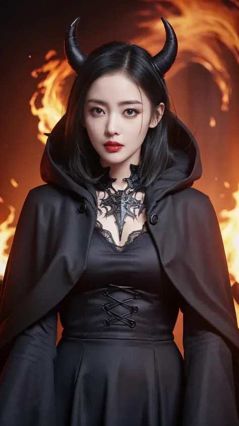  high definition、 anatomically correct ,   ultra high resolution ,   standing in a blizzard, woman、(( Black horns grow on the head )),   Big Breasts 、 perfect styles、((( fantasy world)))、((The background is shrouded in blazing flames)), (The devil costume ...