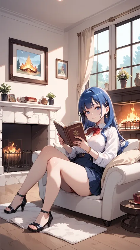  reading in front of a fireplace