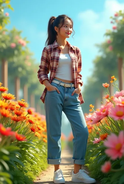 A woman 30 years old full body Indonesian face beautiful sweet dazzling hair tie ponytail shirt plaid shirt tucked into long jeans white belt white Nike shoes blue black in flower garden bright blue sky background 