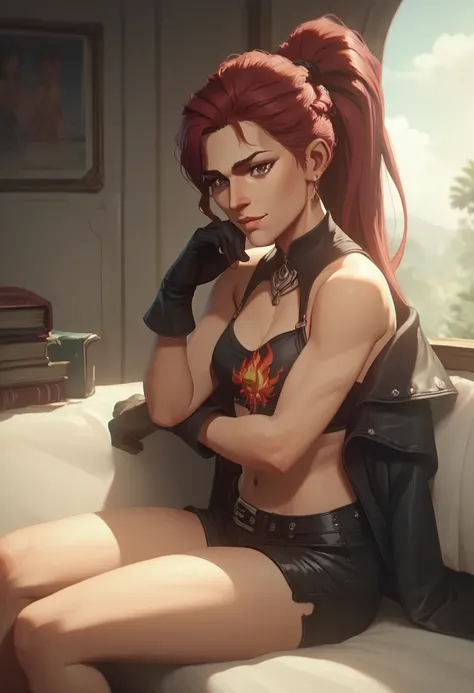 Anime girl, straight bangs, teen girl, cute girl, red hair, ponytail, black eyes, bikini top with flames print under leather jacket, black leather shorts,, gloves, sitting, looking at the viewer, background: grand canyon, beautiful sunset