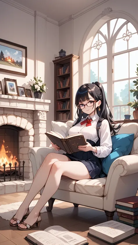 A girl with black hair and glasses reading a book in front of a fireplace