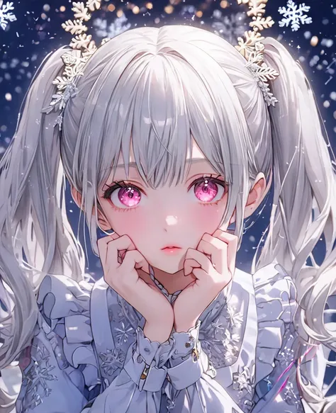 (masterpiece, best quality:1.2), (absurdres,  highres icon, ultra-detailed), (perfect anatomy), 
 pretty girl   、 Silver Hair、 twin tails 、 Snowflakes  、Pink Eyes、night、Background sparkle、、Put your hands on your chin 

(8k, RAW photo:1.2),detailed face and...