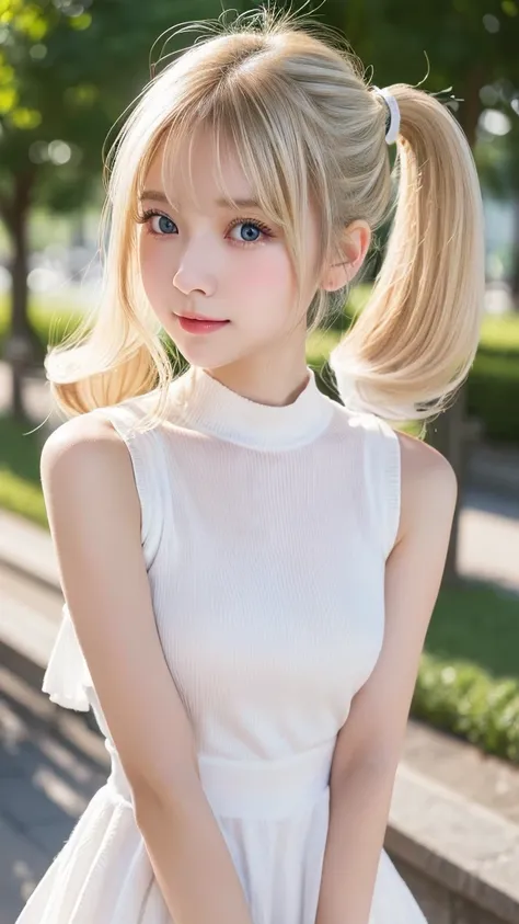 round face:2.0、twintails、arms behind back:2.0、(straight-on:2.0、upper body:2.0)、Big Breasts:2.0、high neck knitted sleeveless dress:1.0、White Lolita:1.0、White Blonde Hair、Waist-length hair、Northern Europe:1.0、beautiful girl、White background、cute、Young、True F...