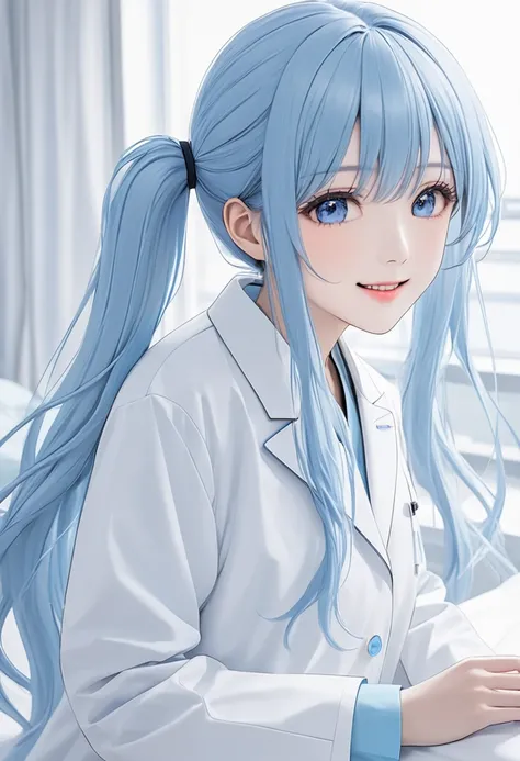  Light Blue Long Hair 、 Beautiful Girl with Twin Tails 、Nurse in white coat、Treating patients with a smile、large hospital room、Talking to patients with a smile