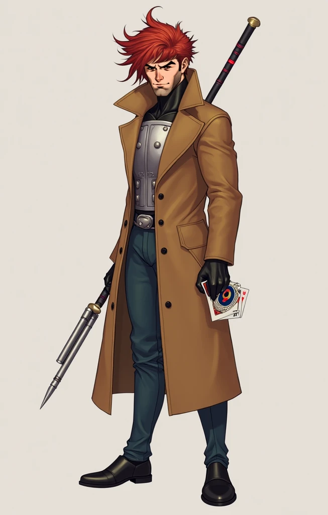 "A realistic portrait of Gambit from the X-Men, in a hyper-realistic art style. He is standing in a confident pose, holding glowing purple kinetic energy-charged playing cards in one hand, while the other grips his metallic silver combat staff. Gambit has ...