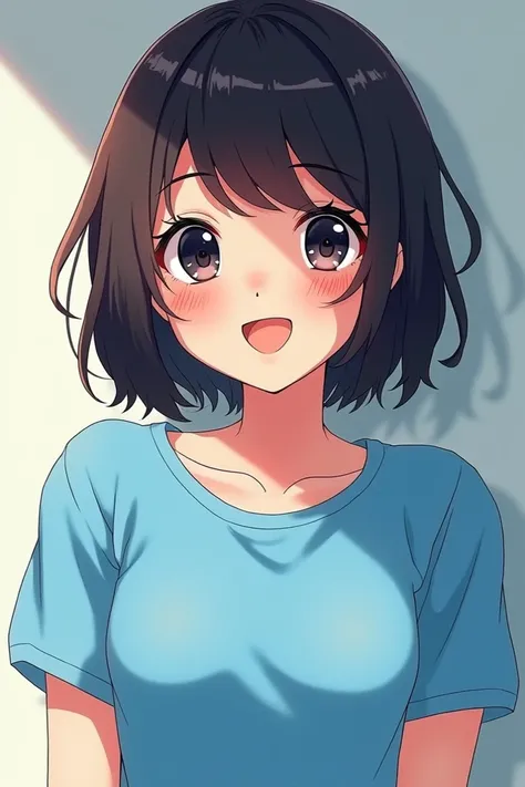 anime, Women,  corto, white skin ,  sky blue t-shirt, Missing red and blue , black eyes, smile,