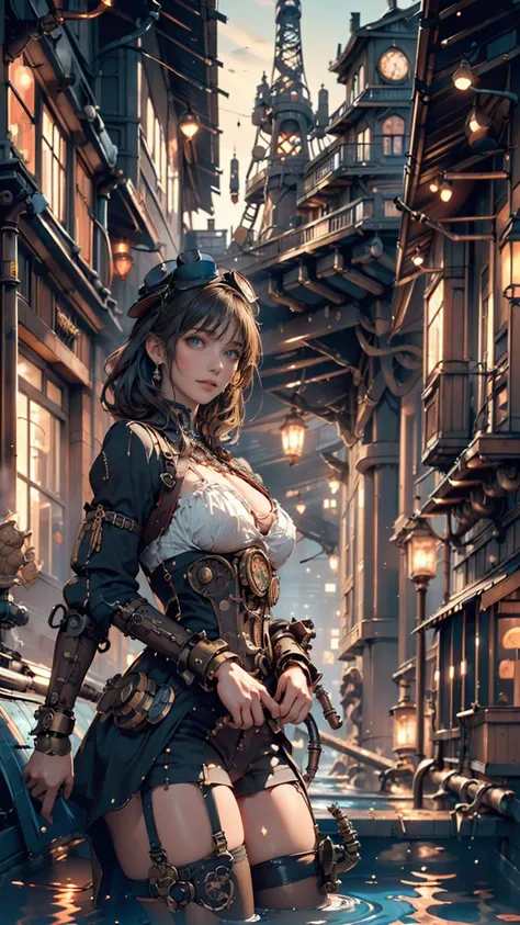 (((Steampunk))),city,(((Crowded building))),exposed Gear and pipes,((( sex))), submerged ground ,((Gear)),(( thick pipes )), covered bridges , viewpoint from bottom to top , reflecting the height of the building,Dark Weather ,chimney,((( mechanical equipme...