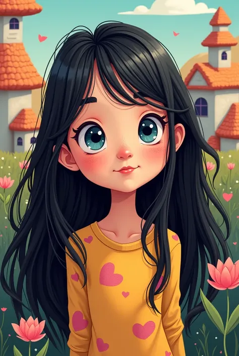 Create a cartoon brunette girl , Long Black Hair, plump lips,  blue eyes