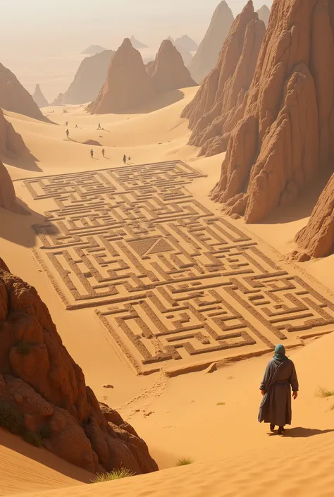 Make a mysterious desert setting and a very large sand labyrinth